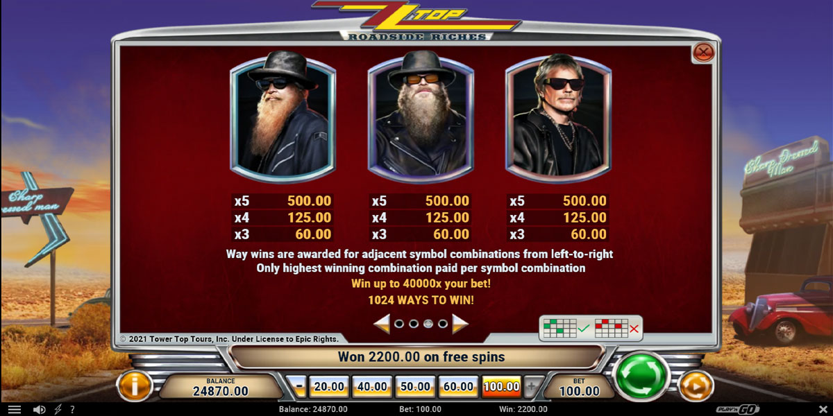 ZZ Top Roadside Riches Slot Payout Values