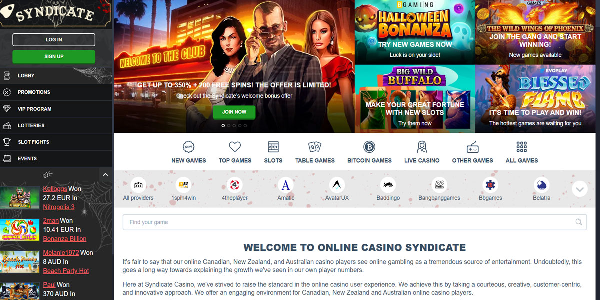 Syndicate Casino Home Screen