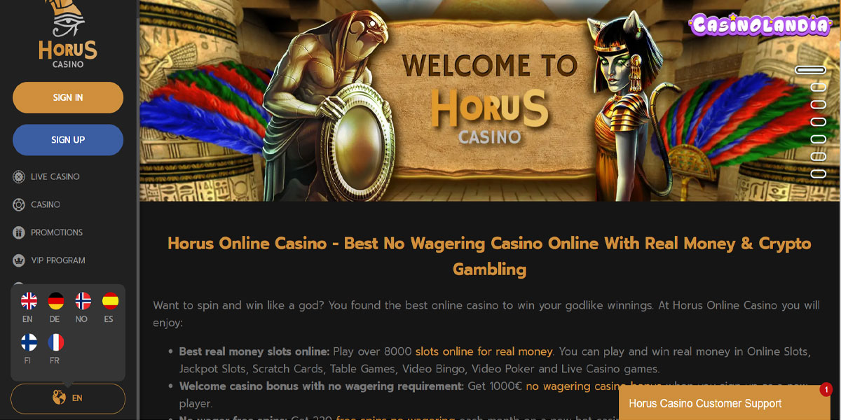 Horus Casino Home Screen
