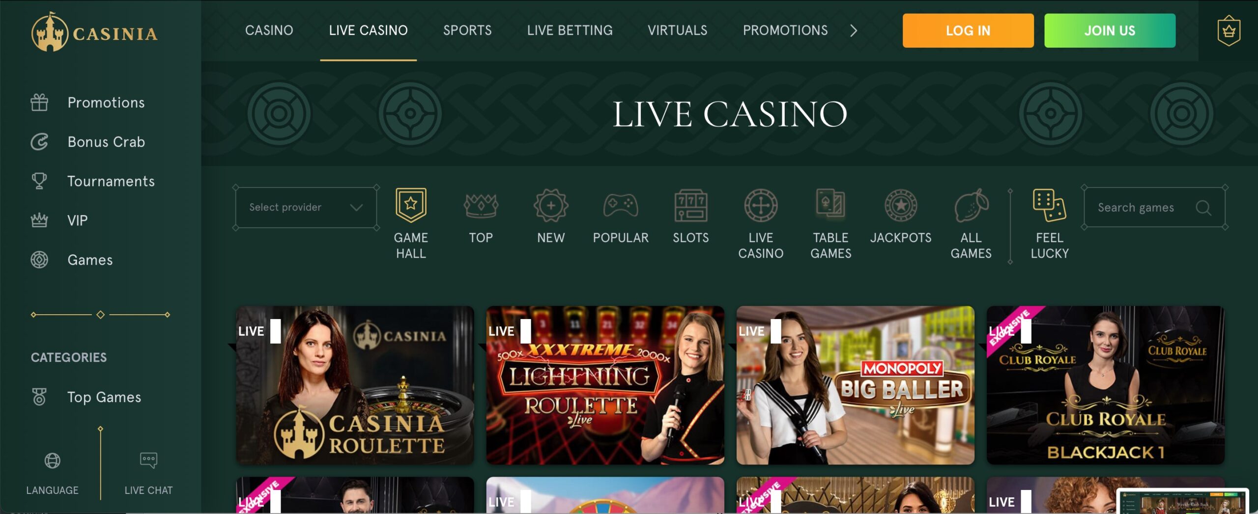 Casinia Casino Live Games
