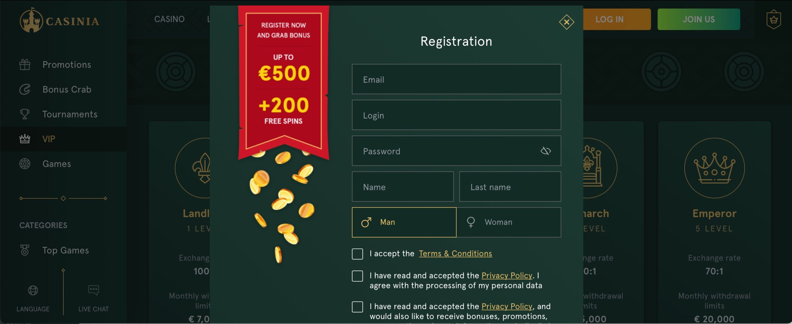 Casinia Casino Registration