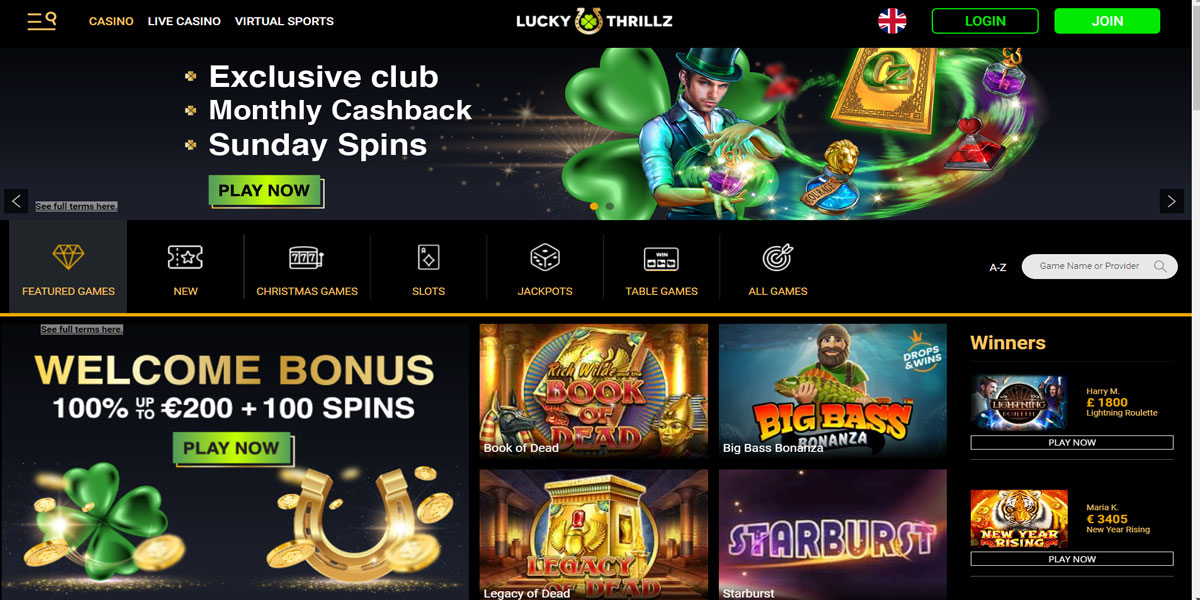 Lucky Thrillz Casino Home Screen