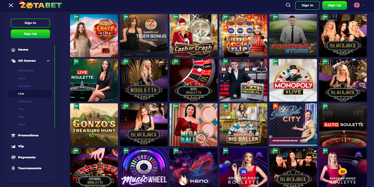 Zotabet Casino Live Games Section