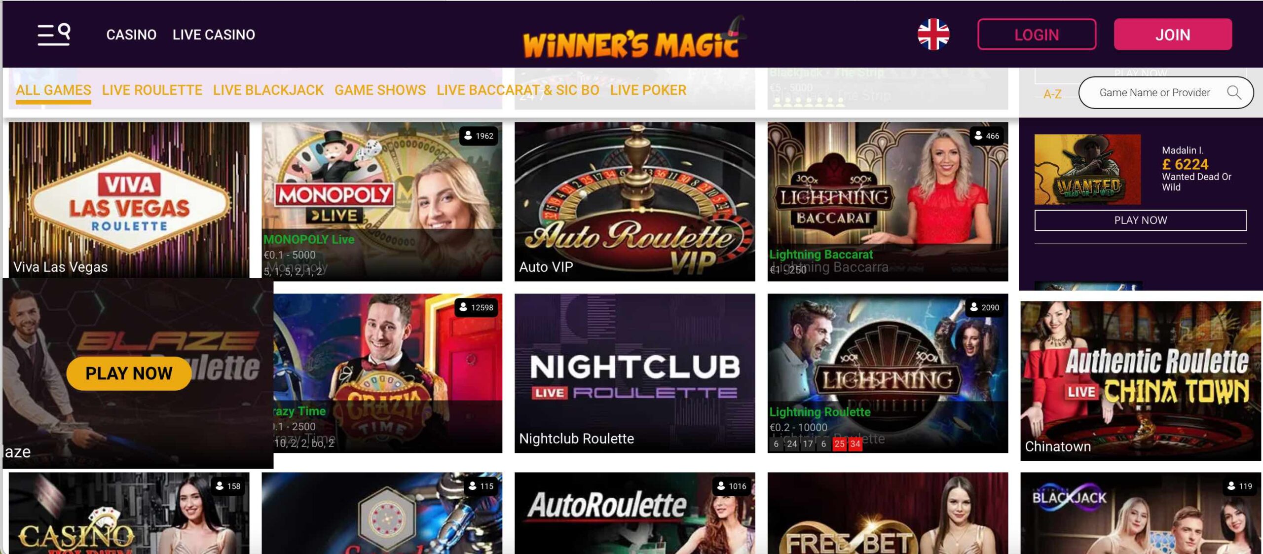 Winners Magic Casino Live Games