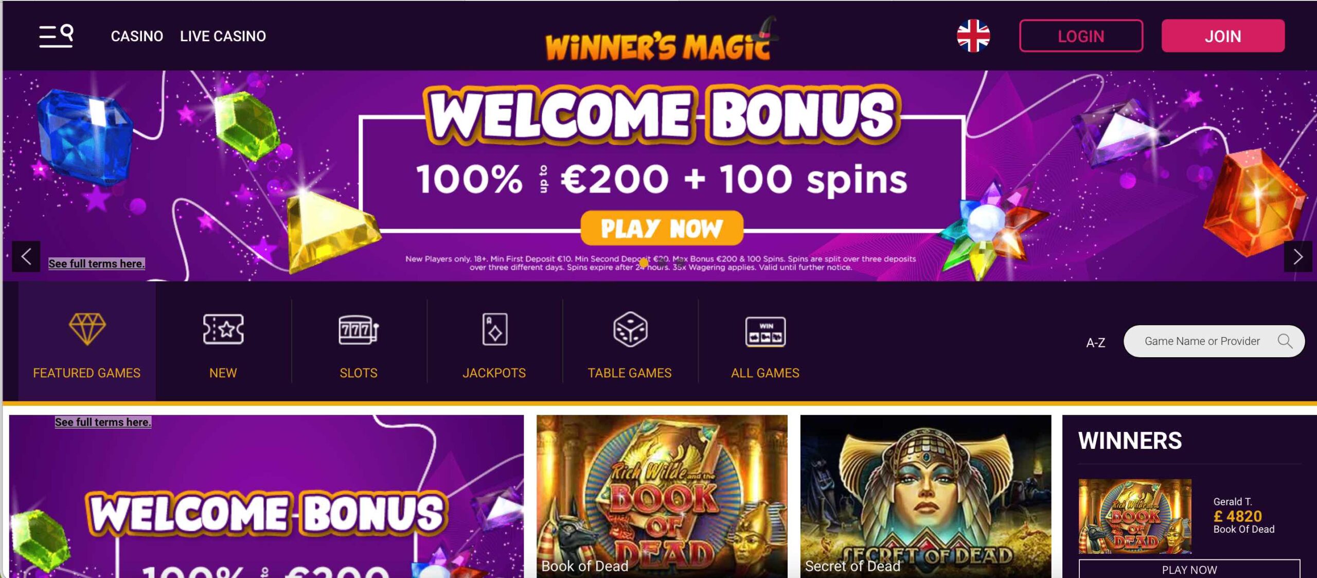 Winners Magic Casino Home Screen