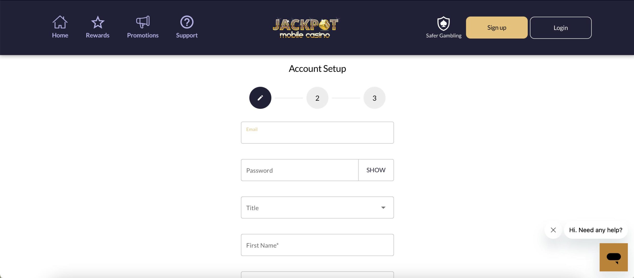 Jackpot Mobile Casino Sign up Form