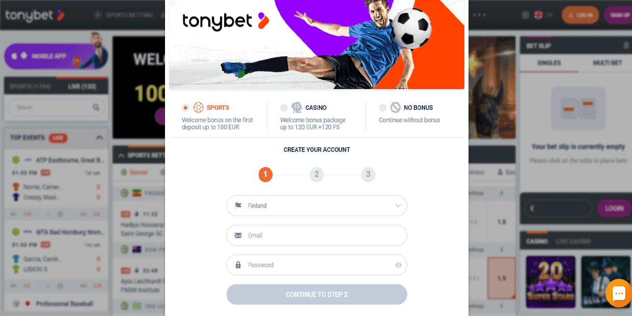 TonyBet Sign Up Page