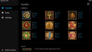 Legends of Ra Paytable