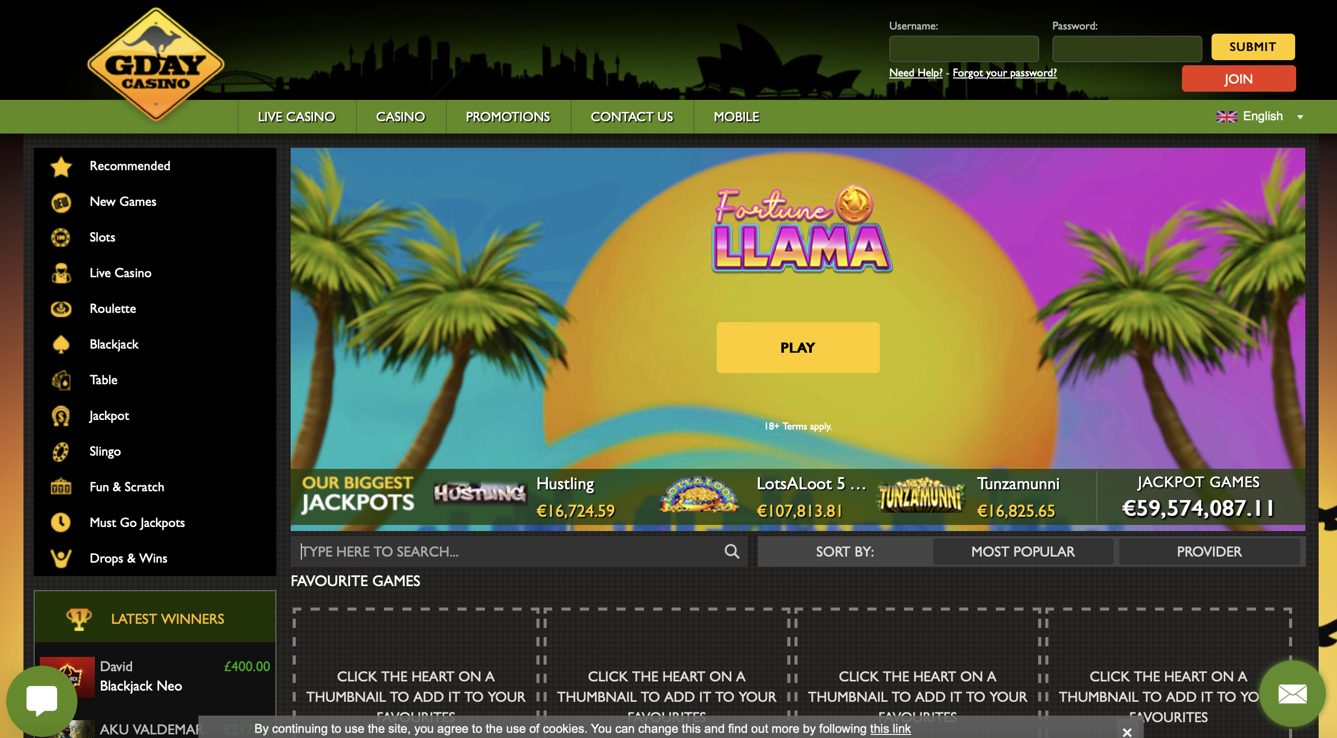 G'Day Casino Homepage