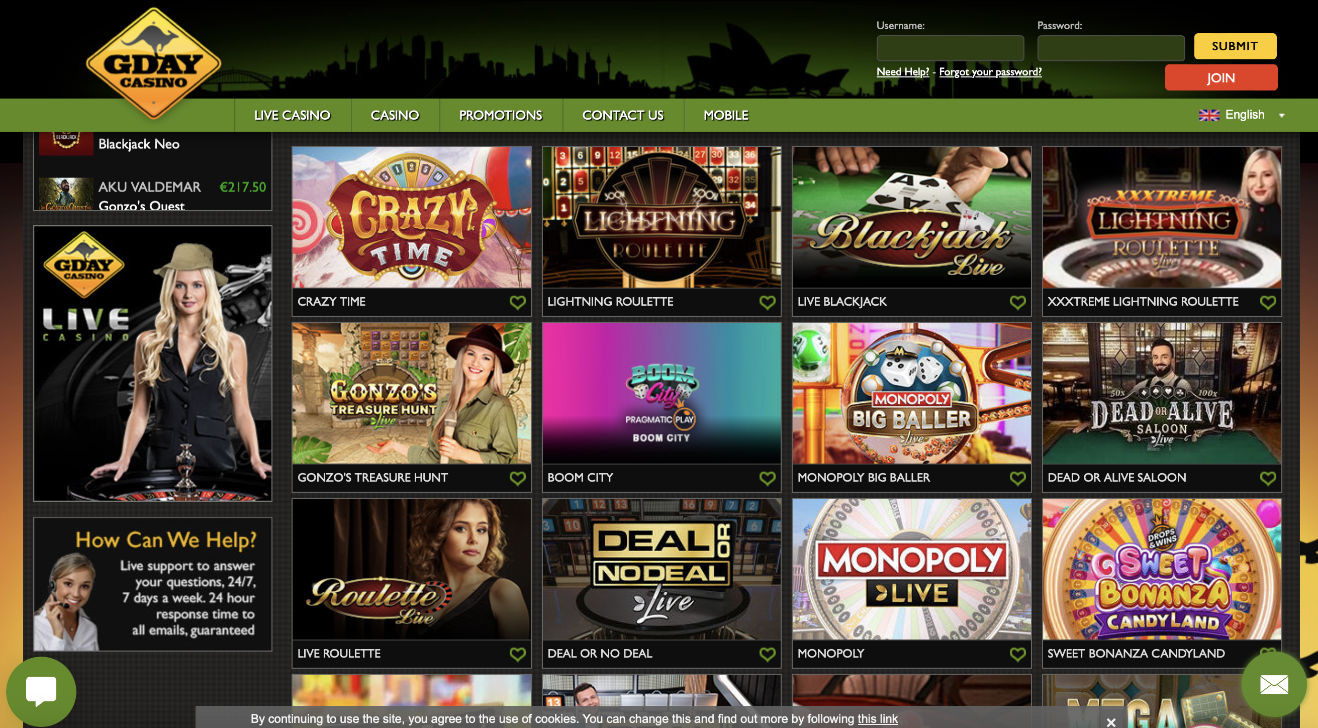 G'Day Casino Live Games