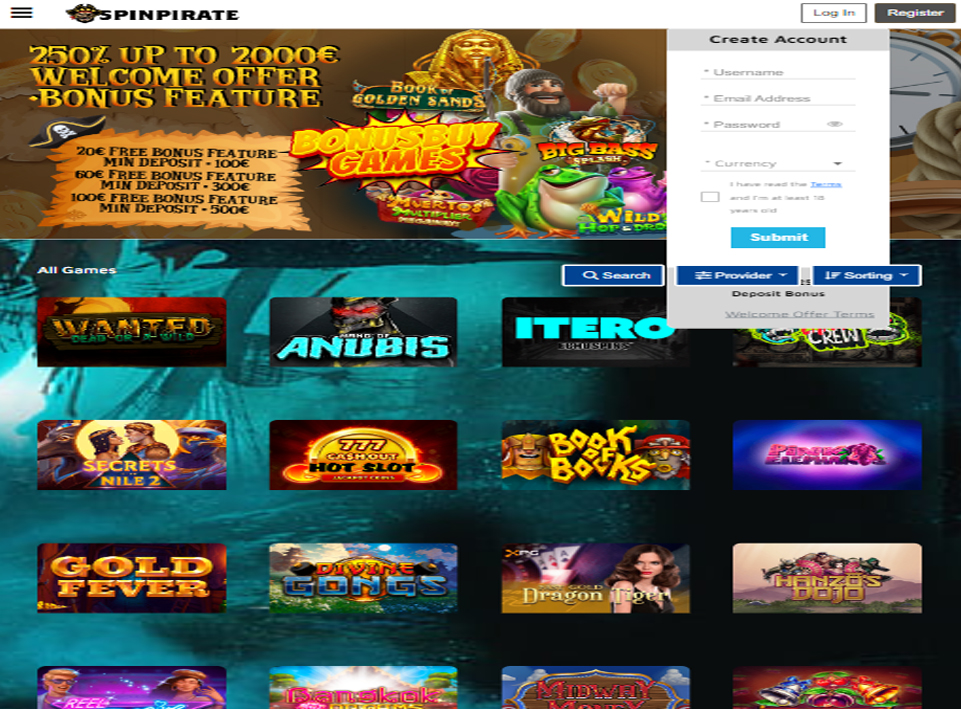 Spinpirate Casino Tablet View Landscape