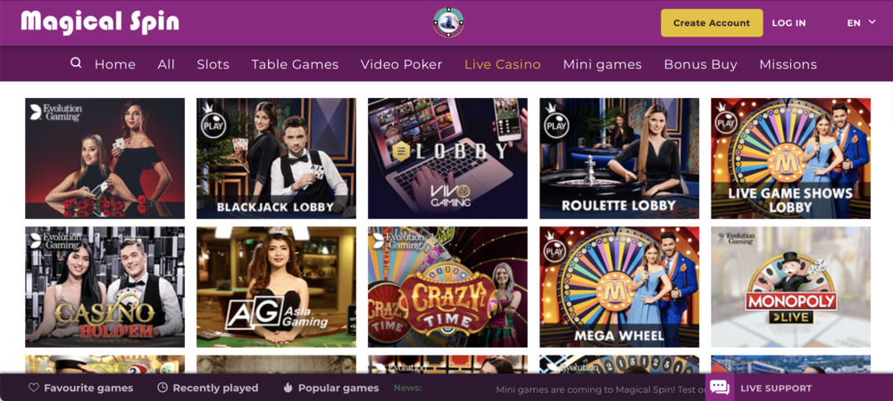 Magical Spin Casino Live Games
