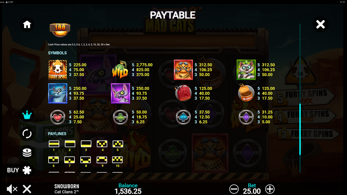 Cat Clans 2 - Mad Cats Paytable
