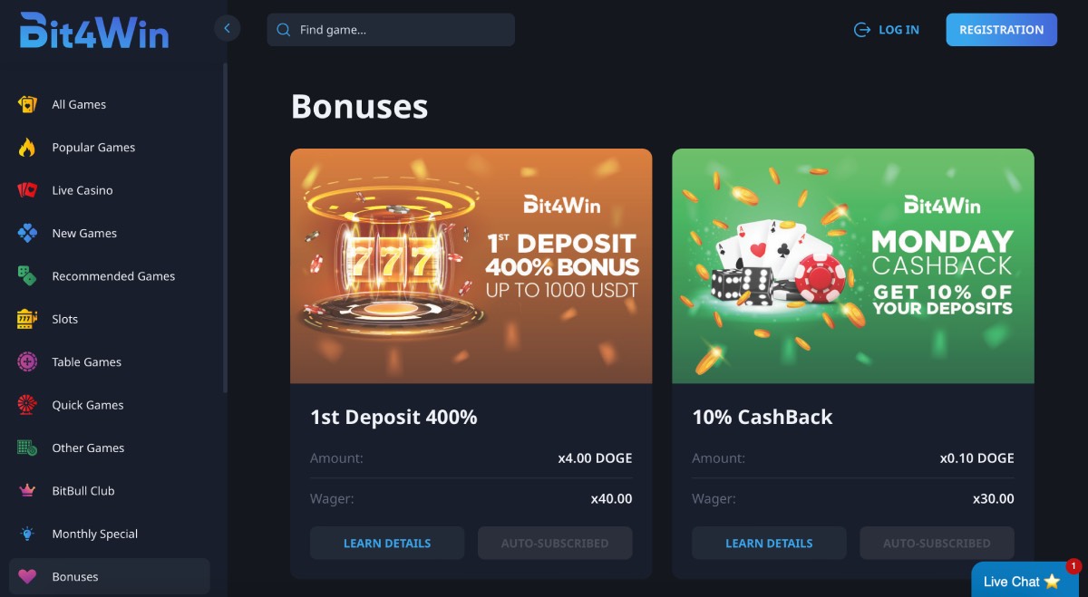 Bit4Win Casino Bonuses