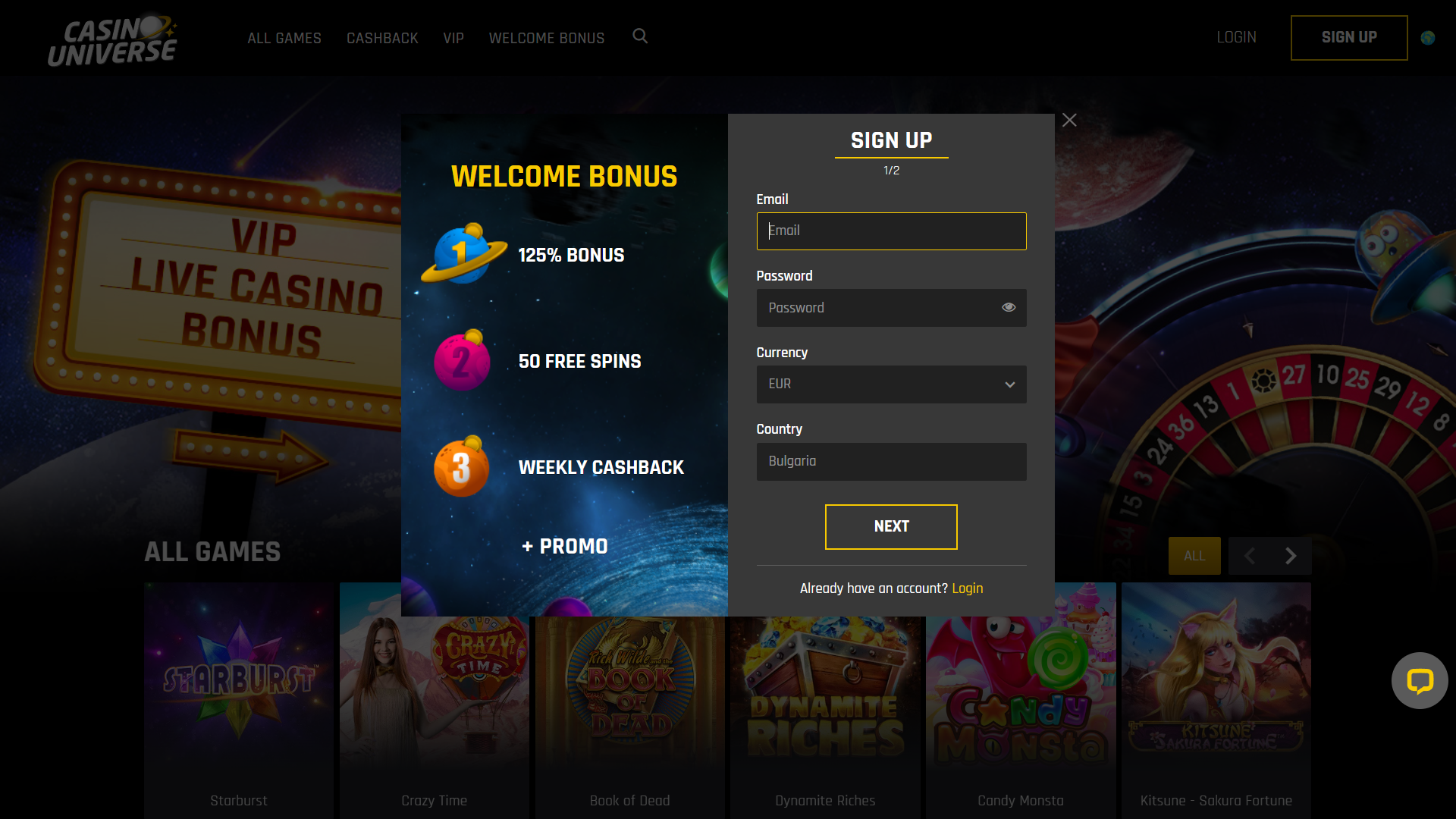 Casino Universe Registration Page
