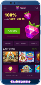 Malina Casino Mobile View