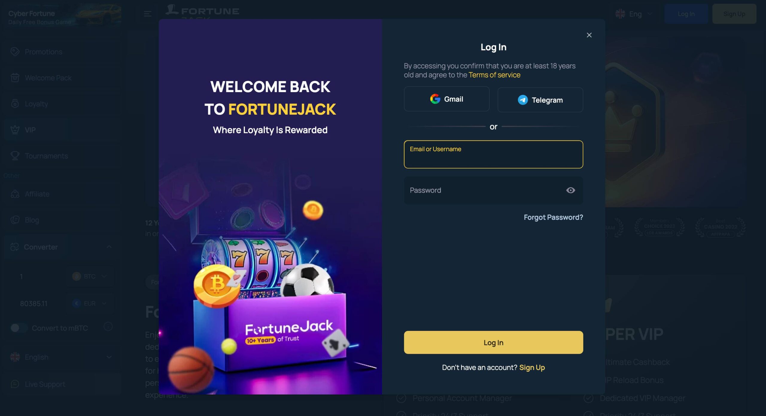 FortuneJack Casino New Login Section
