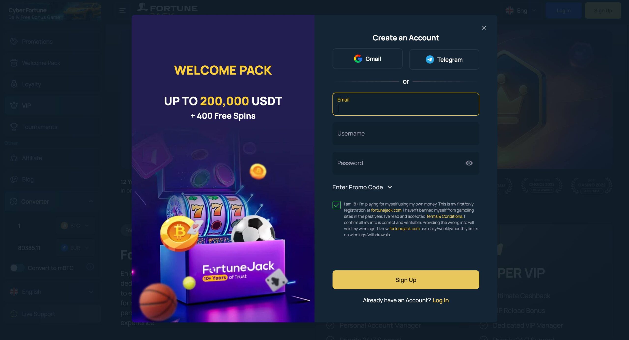 FortuneJack Casino New Registration Section