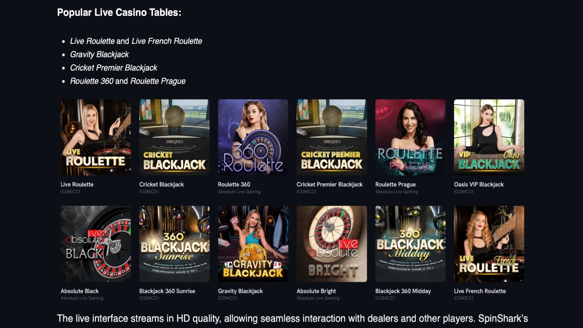 SpinShark Casino Live Casino