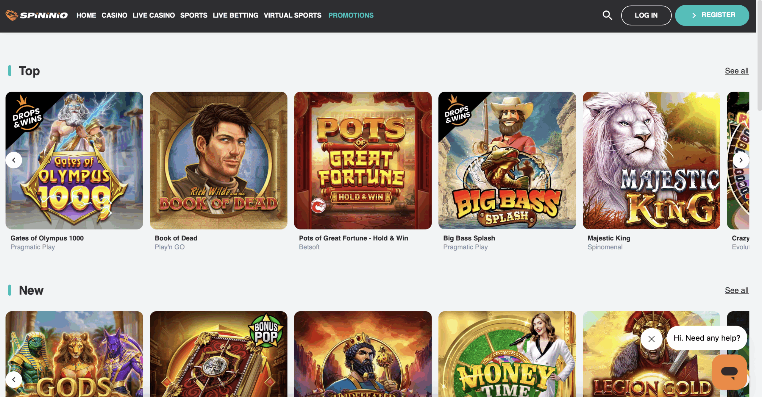 Spininio Casino Main Page and Games Collection