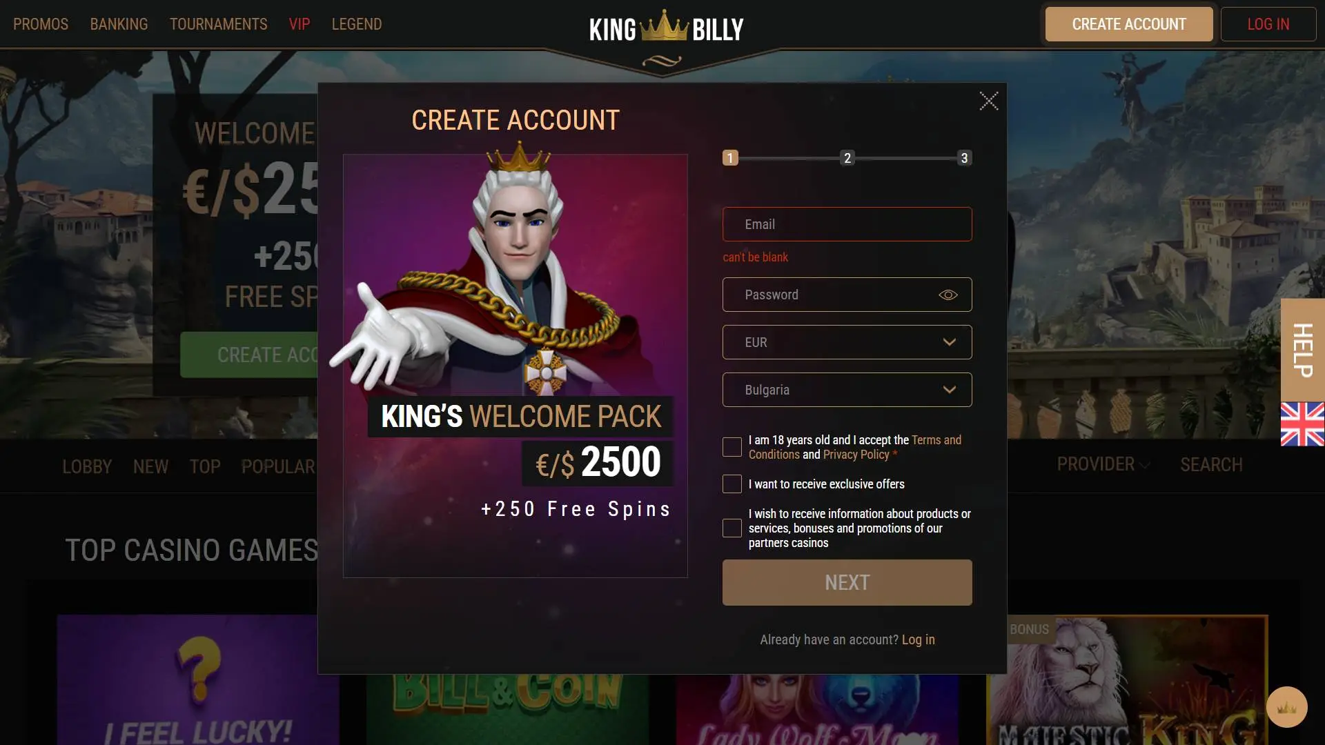 King Billy Casino Registration