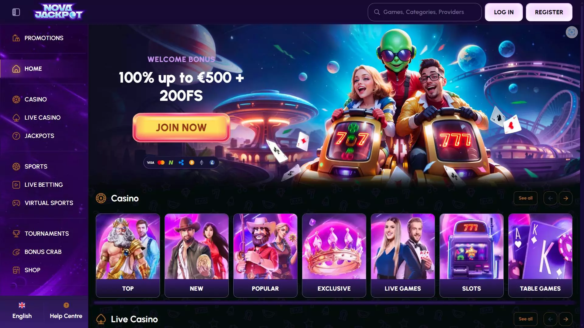 NovaJackpot Casino Home Screen