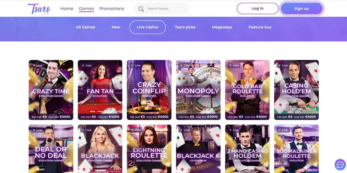 Tsars Casino Live Section
