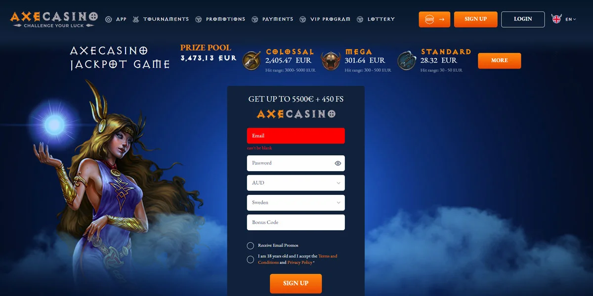 Axe Casino Home Screen