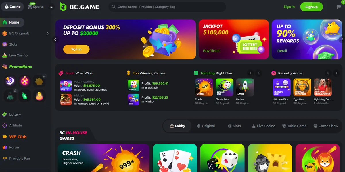 BC.Game Casino Home Screen