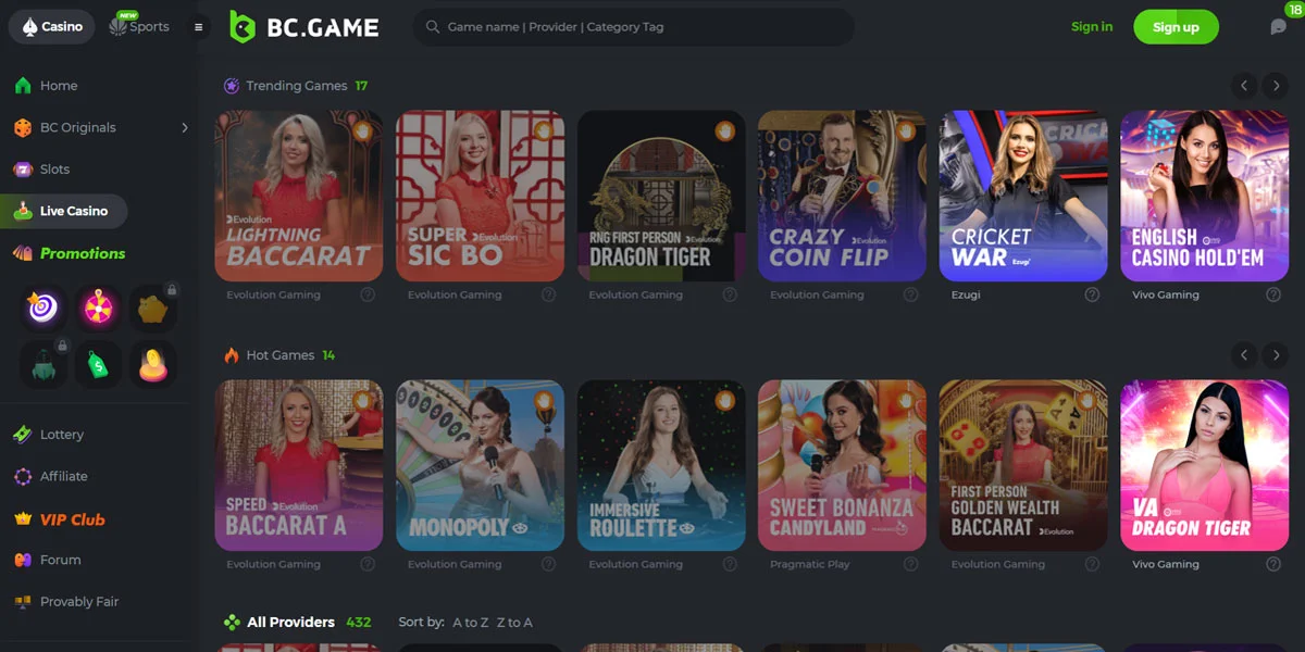 BC.Game Casino Live Section