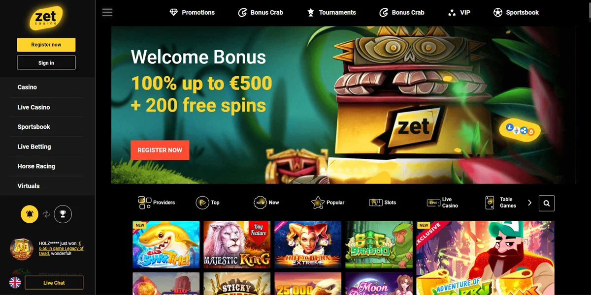 Zet Casino Home Screen