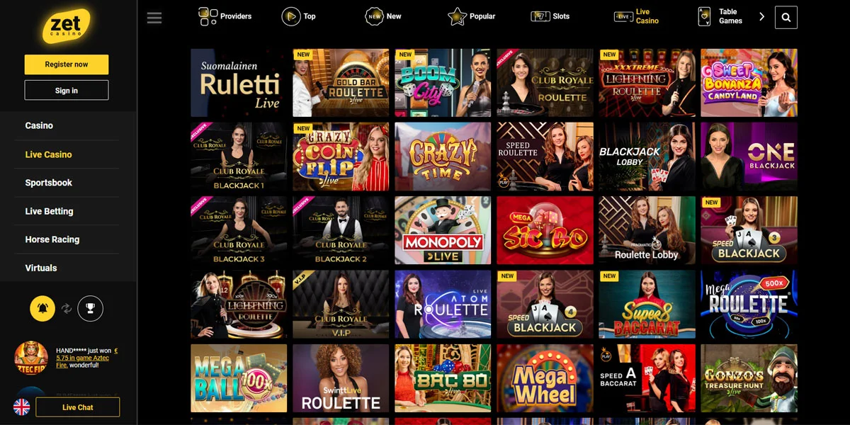 Zet Casino Live Section