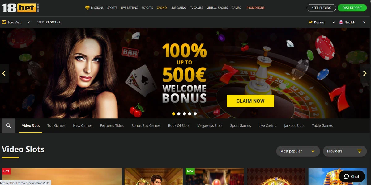 18bet Casino Home Screen