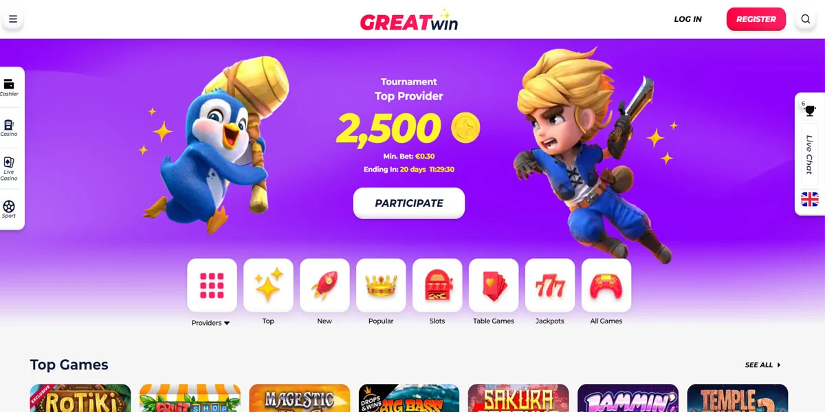 GreatWin Casino Home Screen