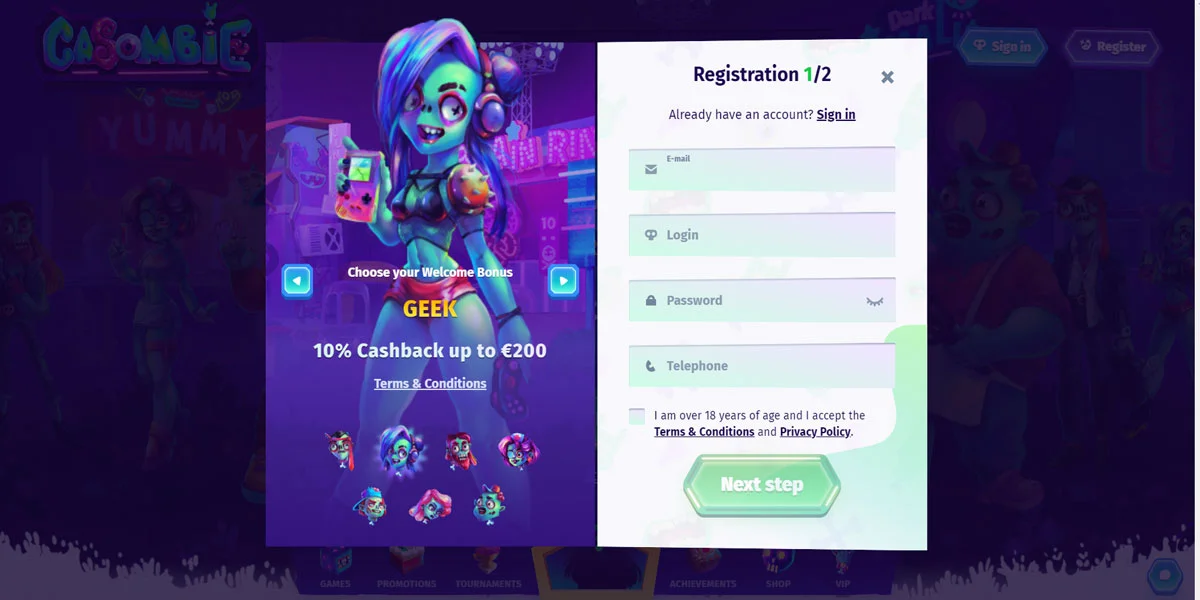 Casombie Casino Registration Form