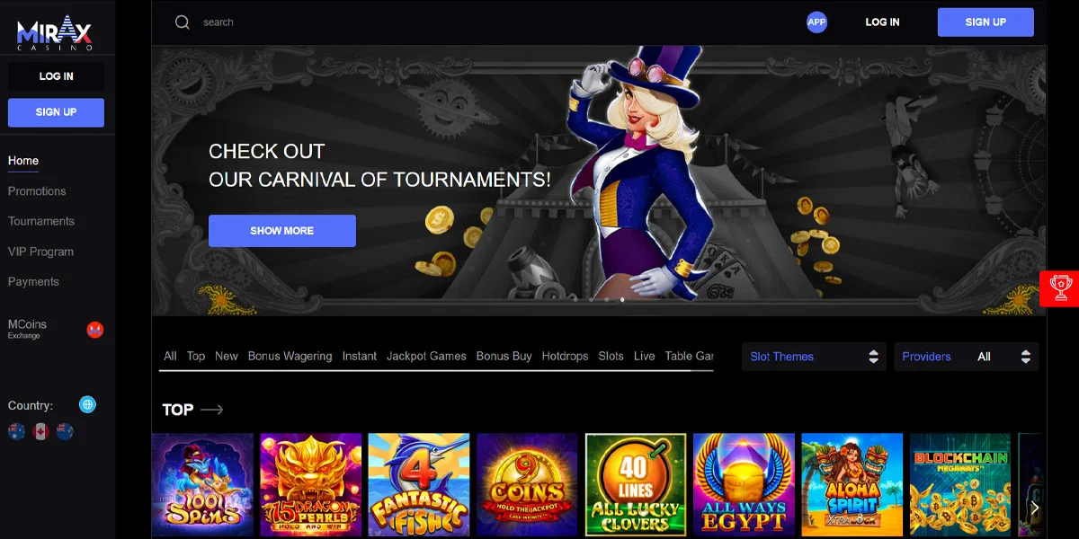 Mirax Casino Home Screen