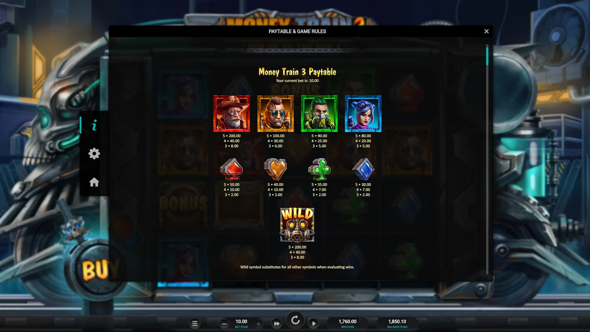 Money Train 3 Paytable