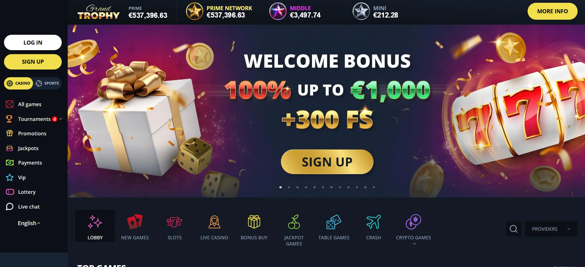 Golden Star Casino Home Screen
