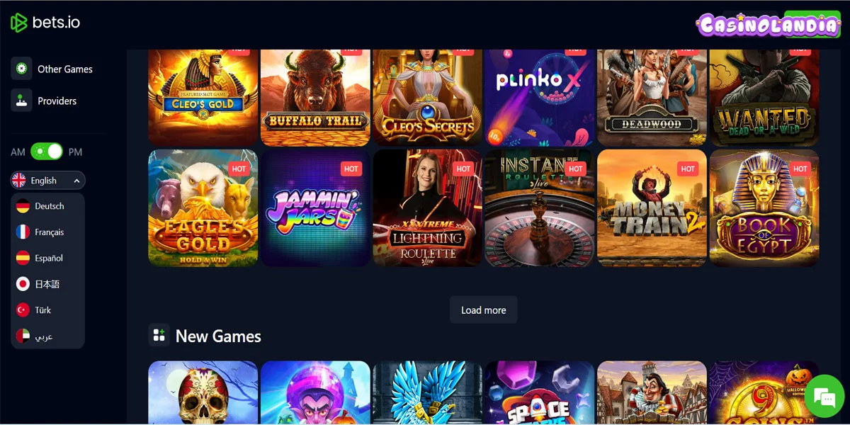 Bets.io Casino Home Screen