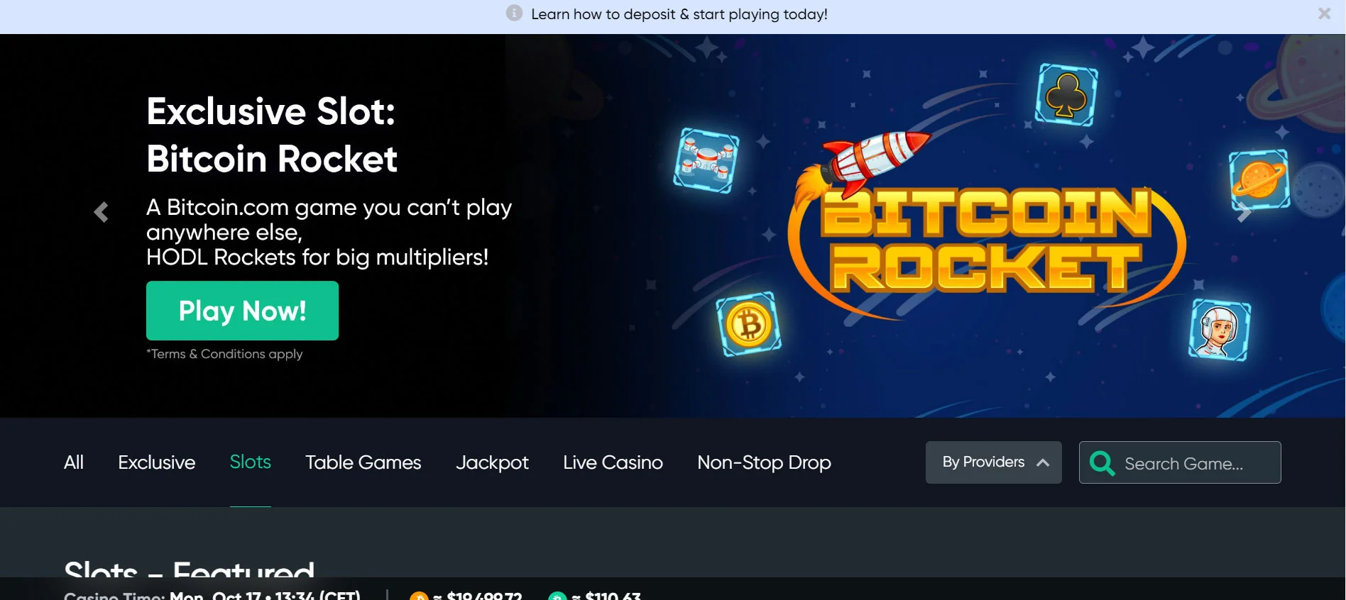 Bitcoin Games Casino Home Screen