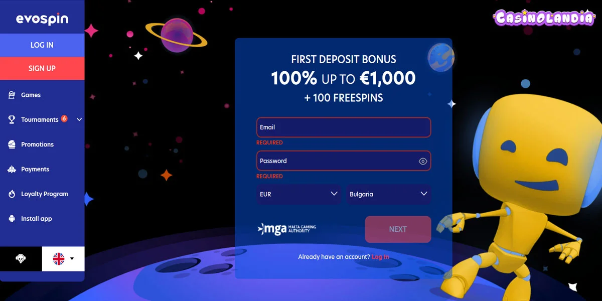 Evospin Casino Home Screen