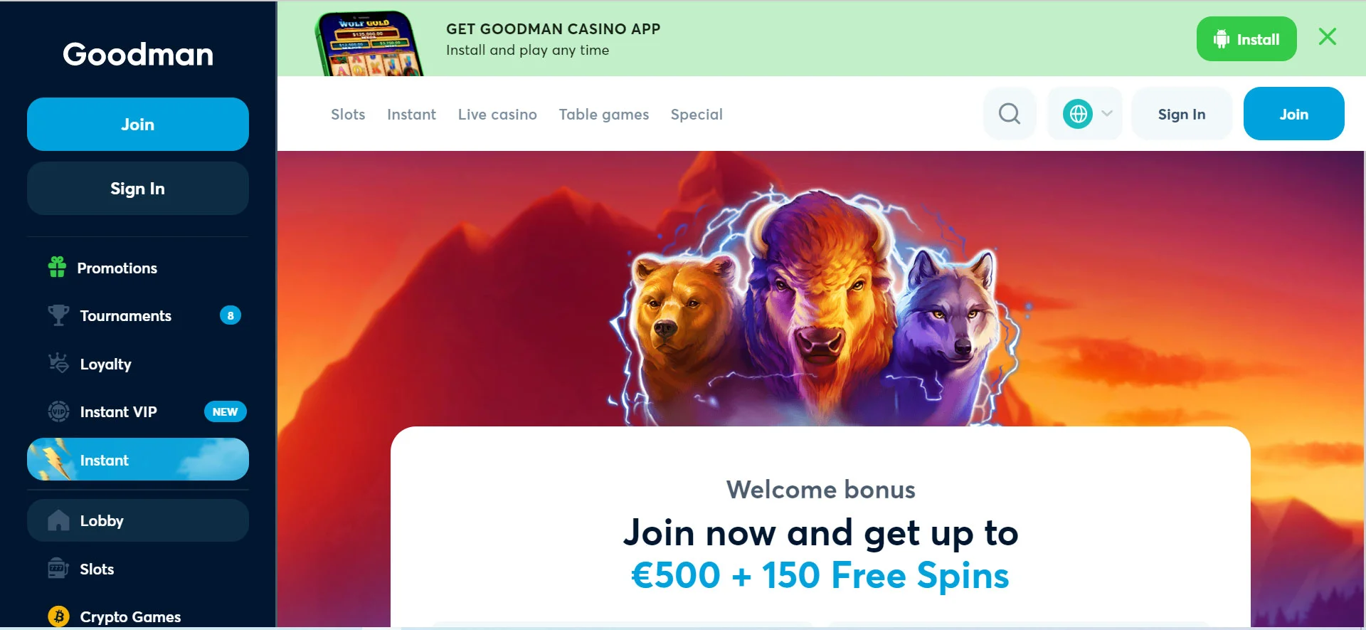 Goodman Casino Home Screen