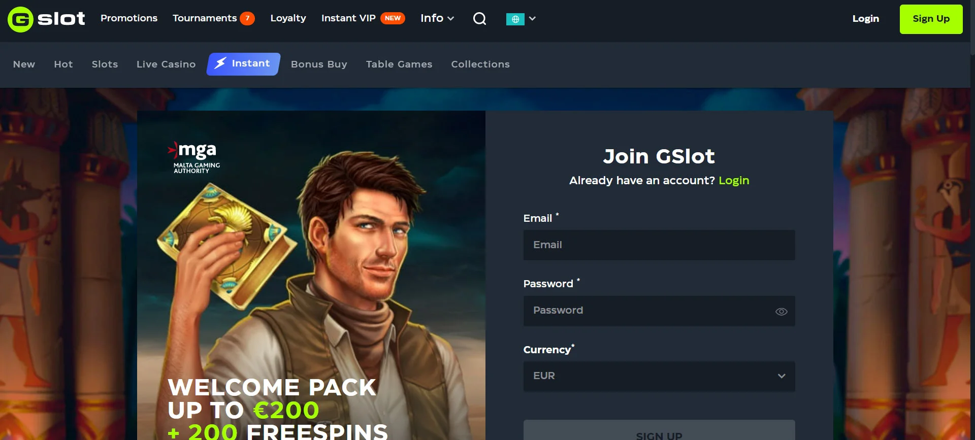 Gslot Casino Home Screen