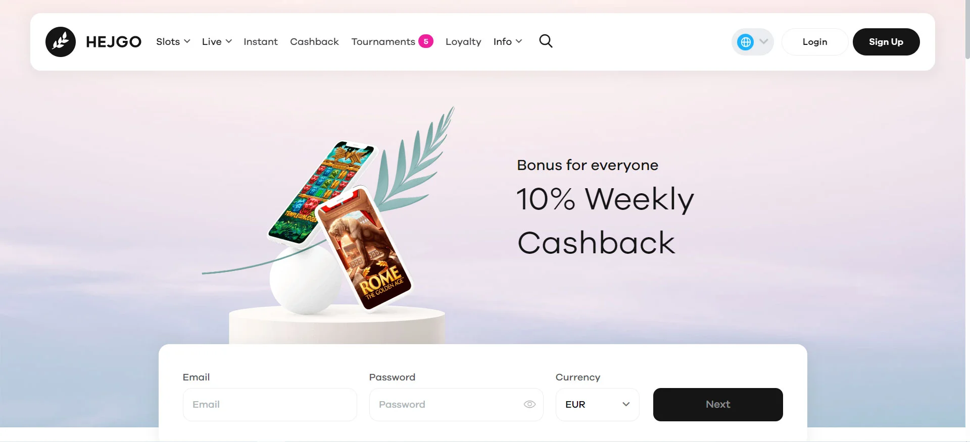 Hejgo Casino Home Screen