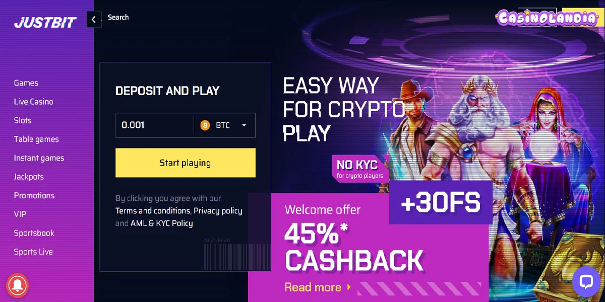 JustBit.io Casino Home Screen
