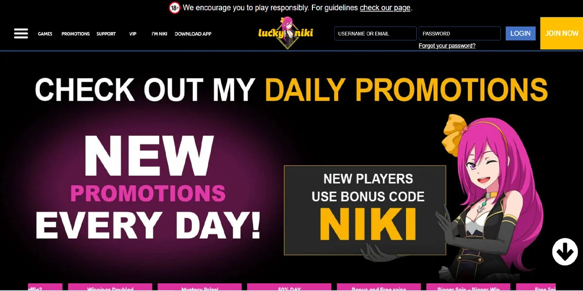 LuckyNiki Casino Home Screen