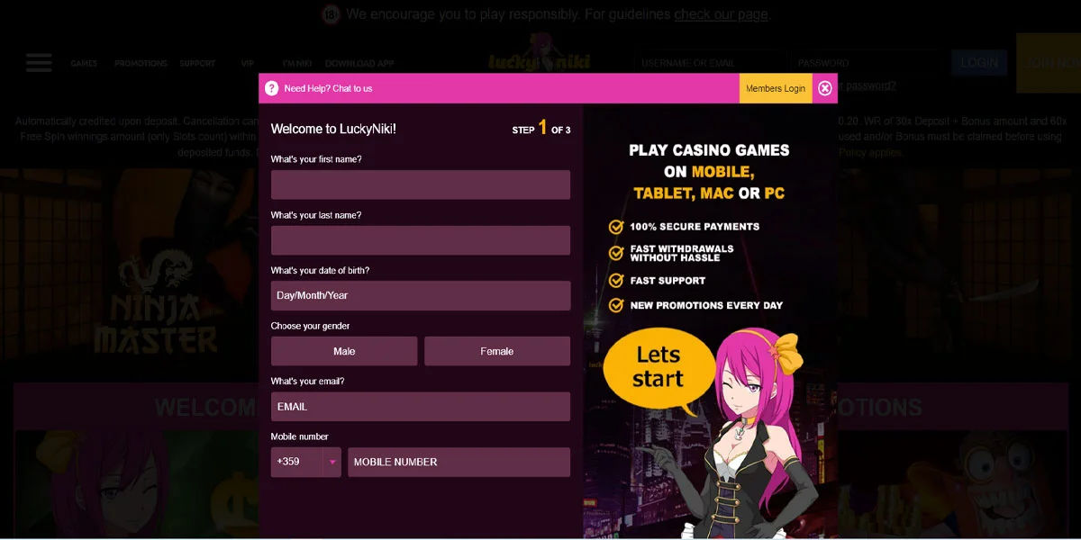LuckyNiki Casino Registration