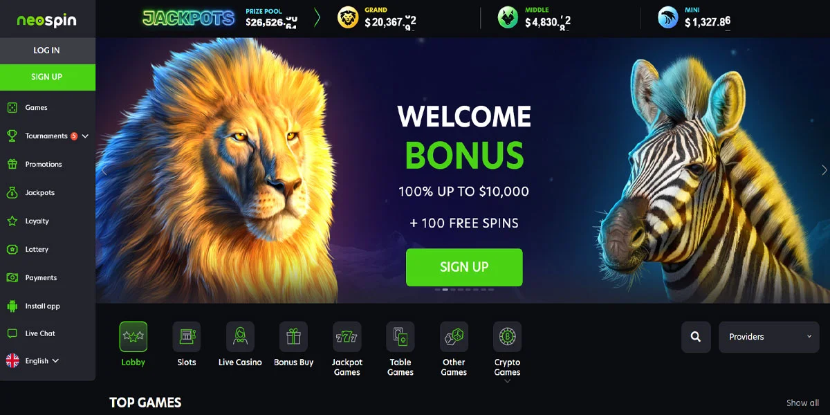 Neospin Casino Home Screen