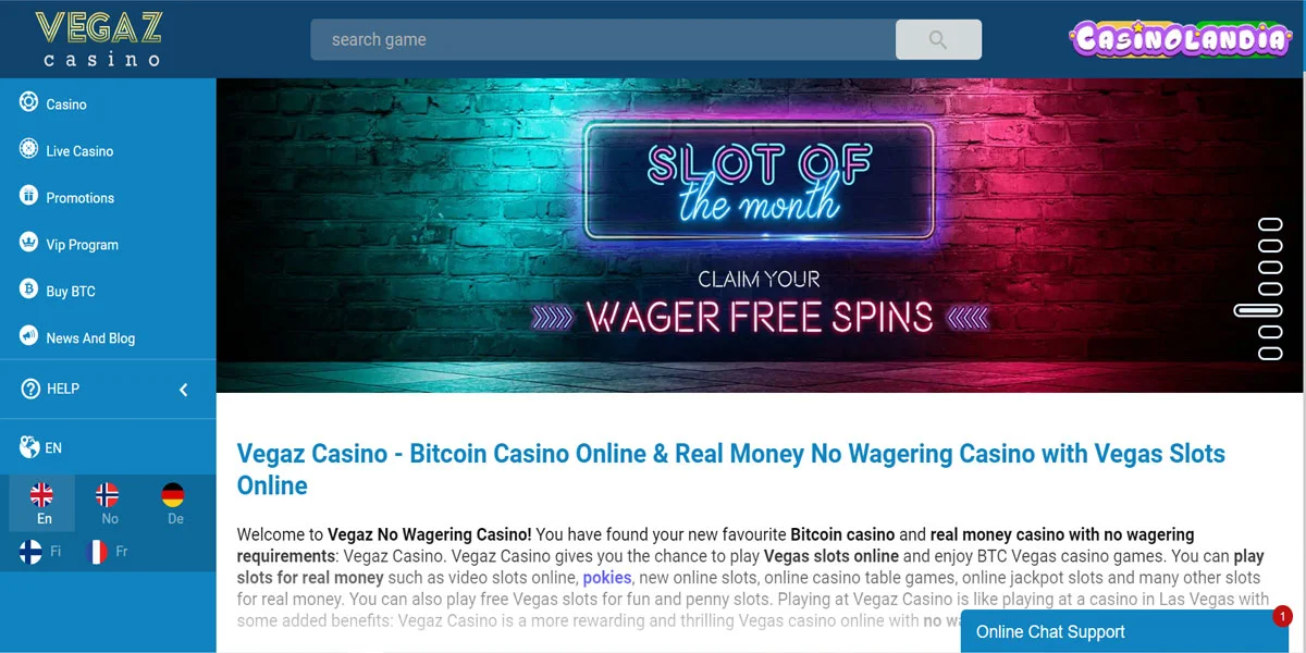 Vegaz Casino Home Screen