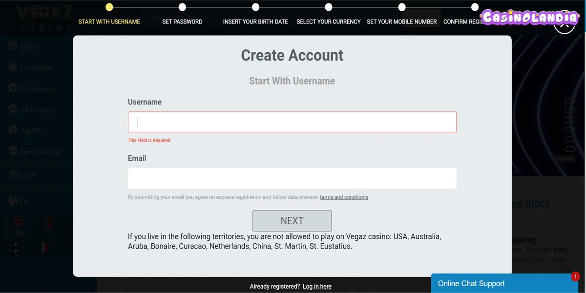 Vegaz Casino Registration